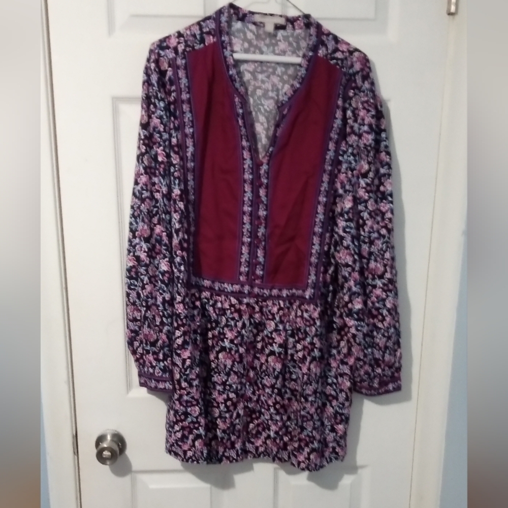 Woman Within Floral Tunic with Burgundy Accents